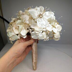 handmade bridal floral bouquet with satin wrapped handle warm champagne color
